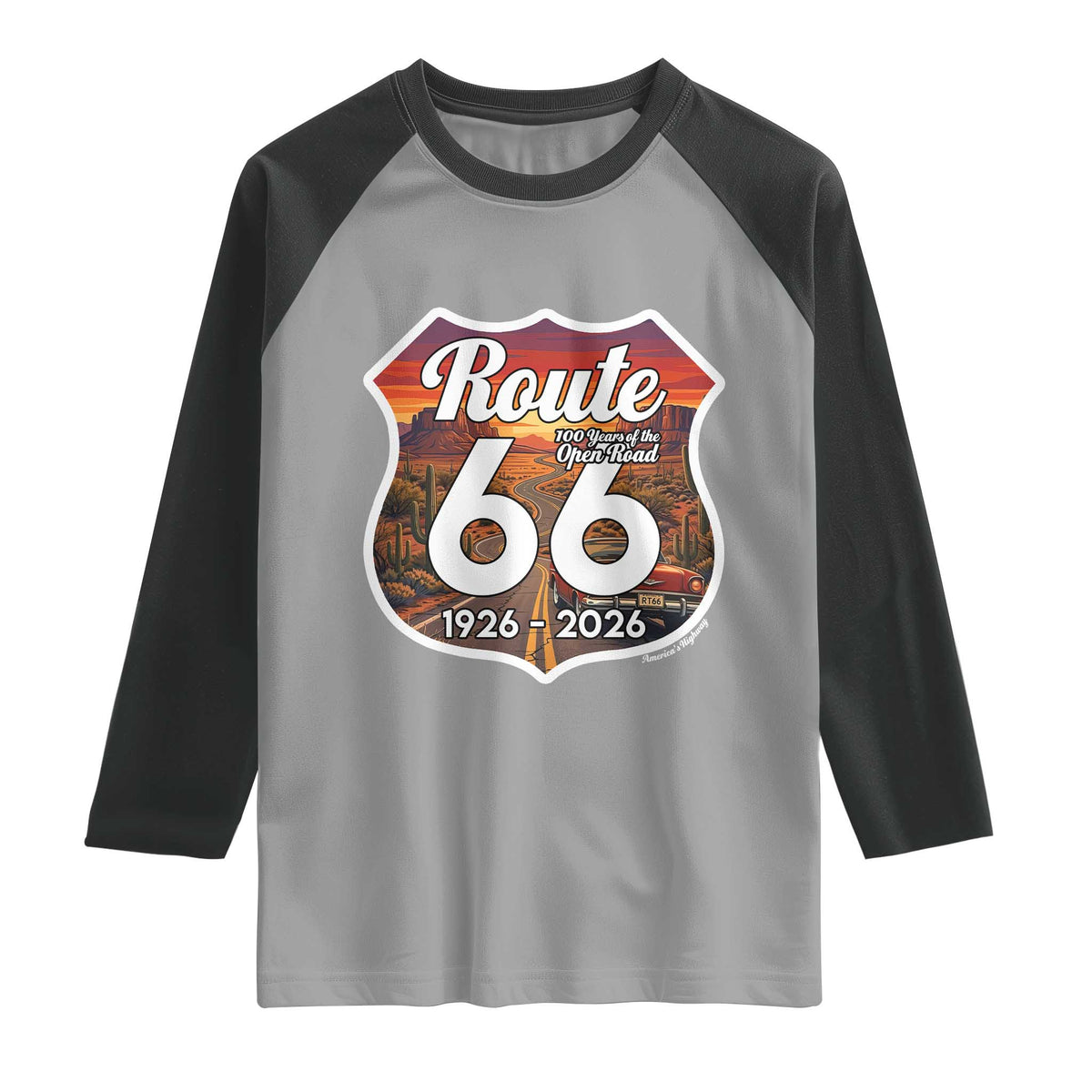 Route Highway 66 Centennial Raglan Shirt Vintage Distressed Americas Highway TS12 Sport Gray Black Print Your Wear