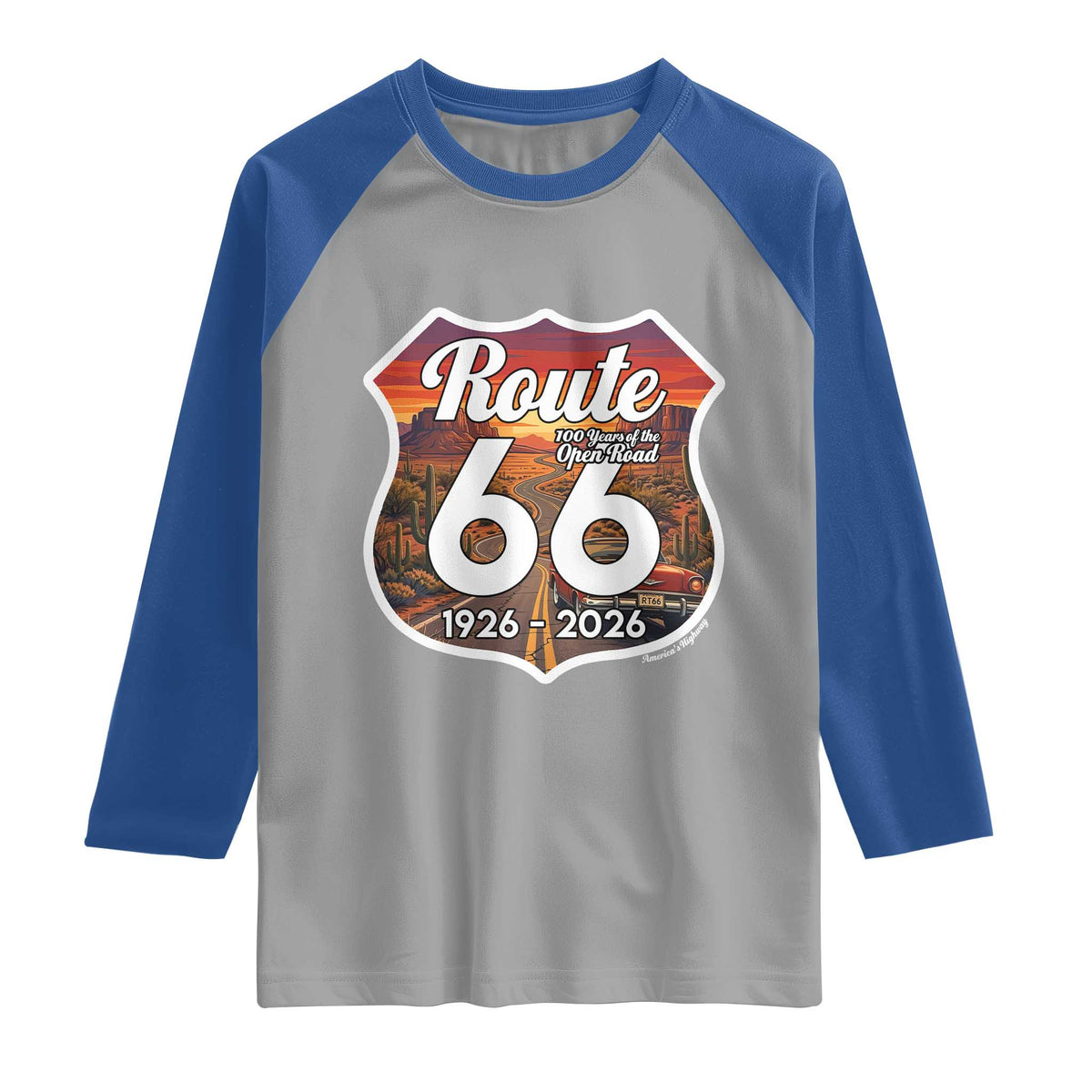 Route Highway 66 Centennial Raglan Shirt Vintage Distressed Americas Highway TS12 Sport Gray Royal Print Your Wear