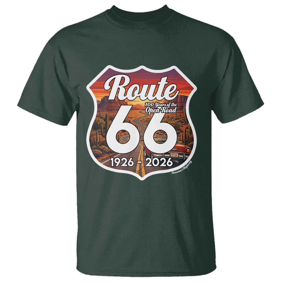 Route Highway 66 Centennial T Shirt Vintage Distressed Americas Highway TS12 Dark Forest Green Print Your Wear