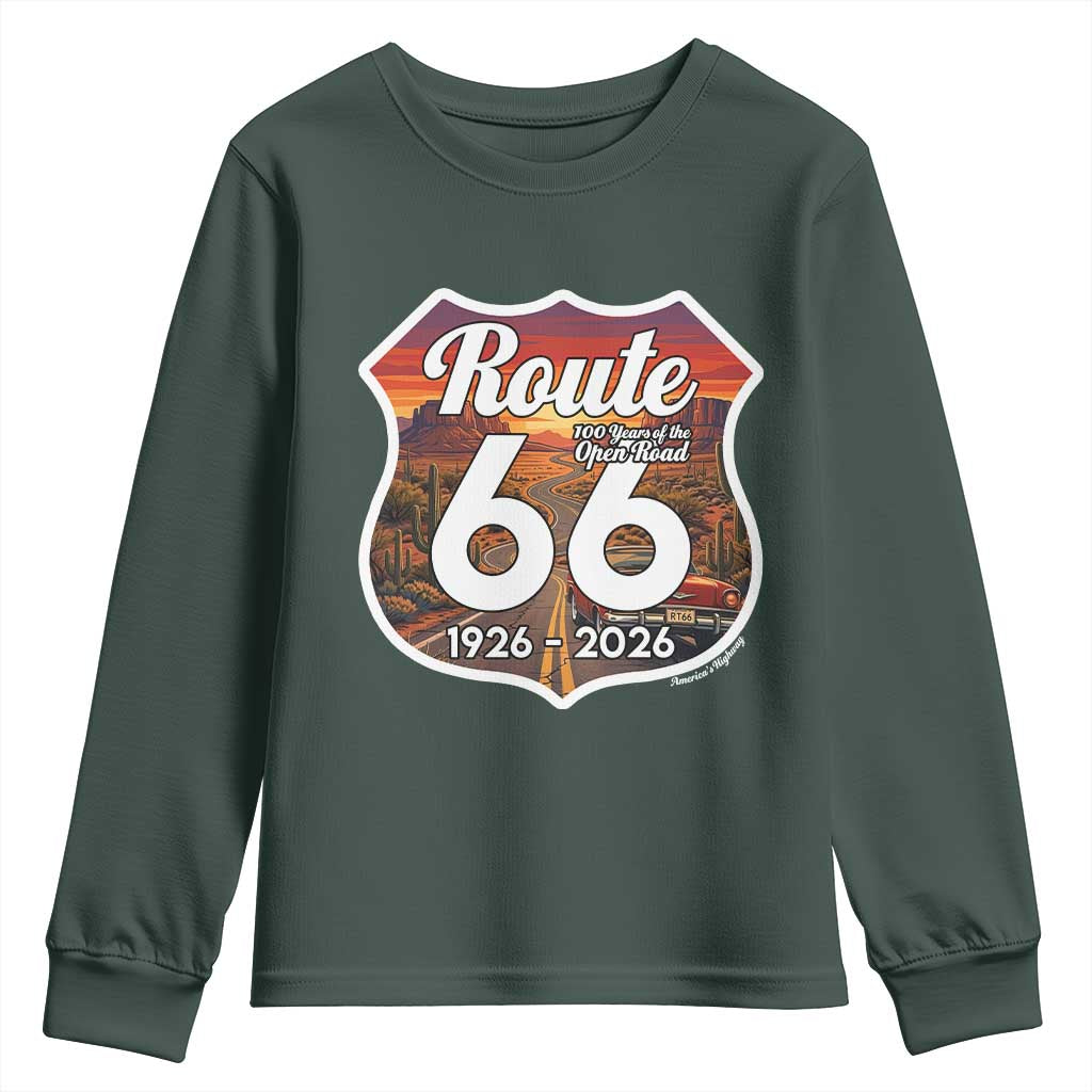 Route Highway 66 Centennial Youth Sweatshirt Vintage Distressed Americas Highway TS12 Dark Forest Green Print Your Wear