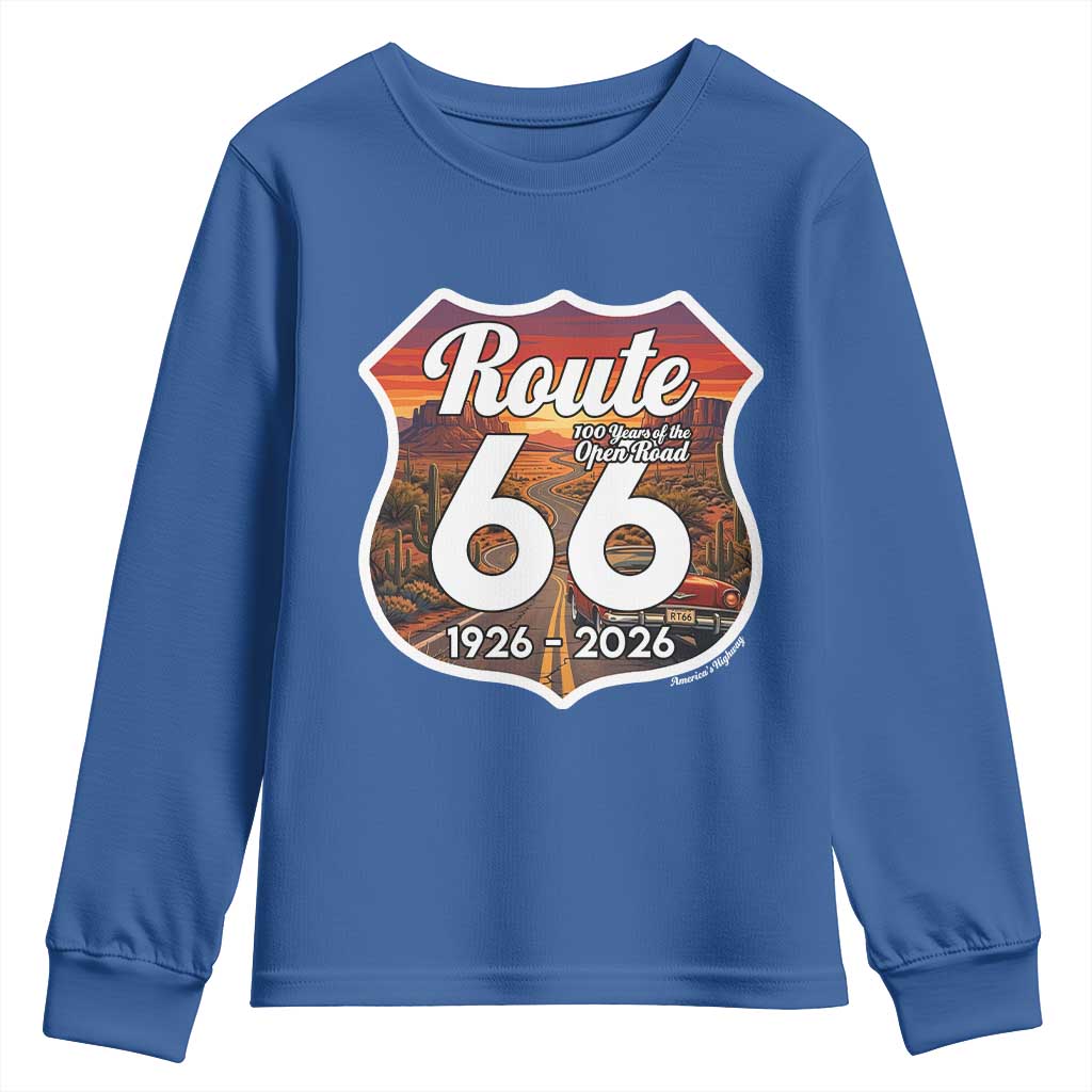 Route Highway 66 Centennial Youth Sweatshirt Vintage Distressed Americas Highway TS12 Royal Blue Print Your Wear