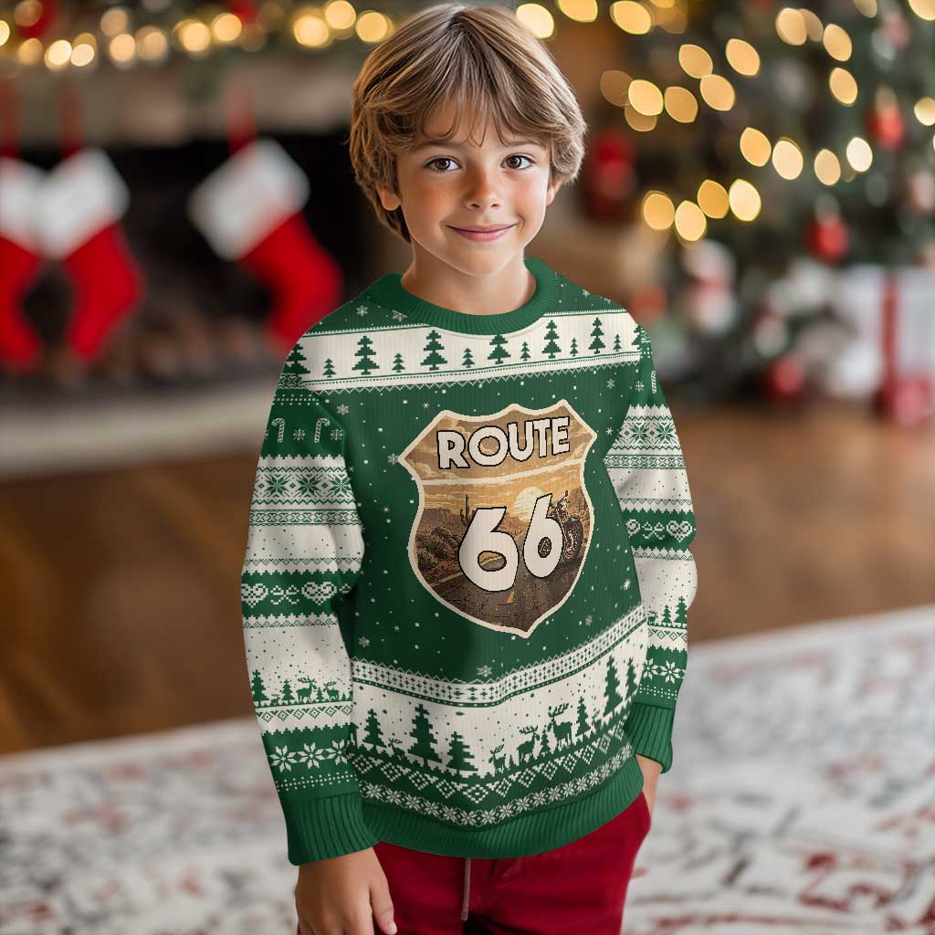 Vintage Motorcycle Road Trip Route Highway 66 Ugly Christmas Sweater Open Road Adventure TS12 Forest Green Beige Print Your Wear