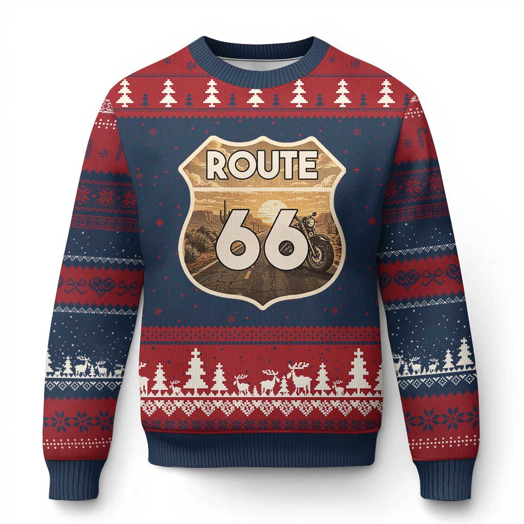 Vintage Motorcycle Road Trip Route Highway 66 Ugly Christmas Sweater Open Road Adventure TS12 Navy Red Print Your Wear