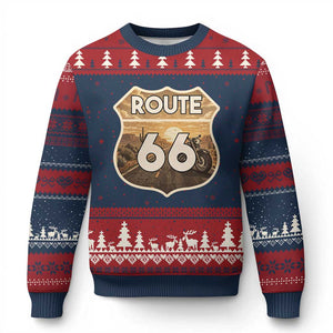 Vintage Motorcycle Road Trip Route Highway 66 Ugly Christmas Sweater Open Road Adventure TS12 Navy Red Print Your Wear