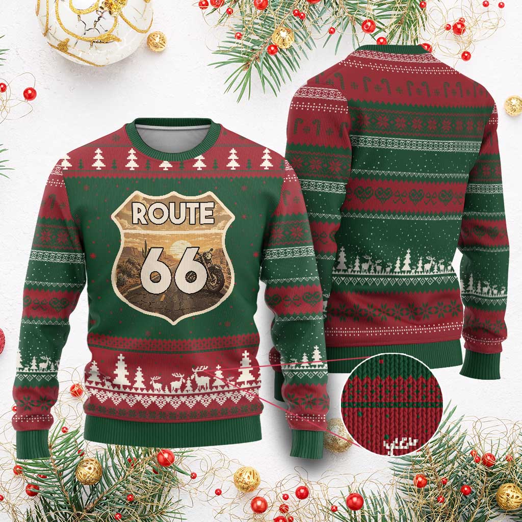 Vintage Motorcycle Road Trip Route Highway 66 Ugly Christmas Sweater Open Road Adventure TS12 Red Green Print Your Wear
