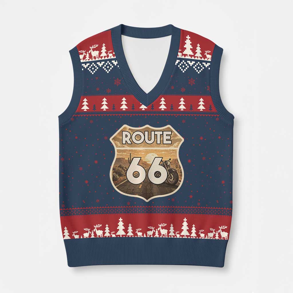 Vintage Motorcycle Road Trip Route Highway 66 V-Neck Knit Sweater Vest Open Road Adventure TS12 Navy Red Print Your Wear