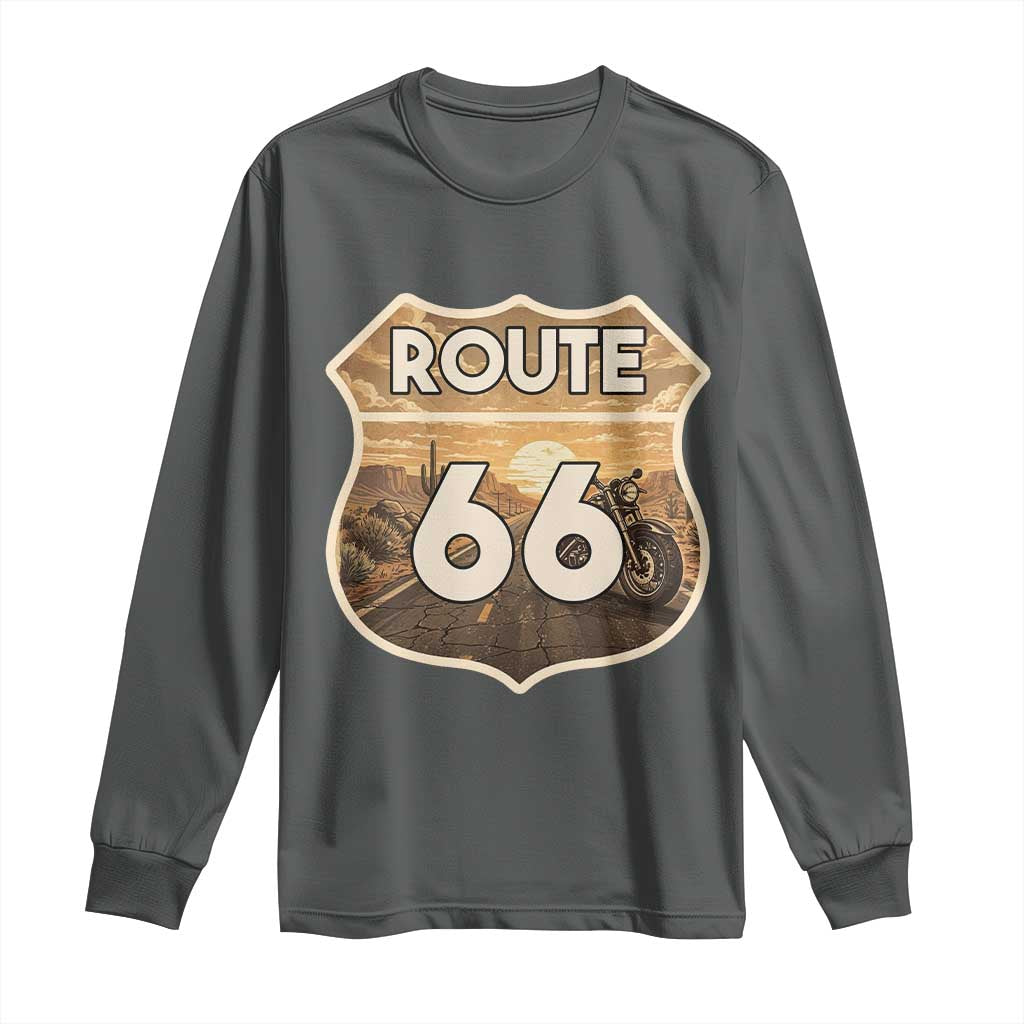 Vintage Motorcycle Road Trip Route Highway 66 Long Sleeve Shirt Open Road Adventure TS12 Dark Heather Print Your Wear