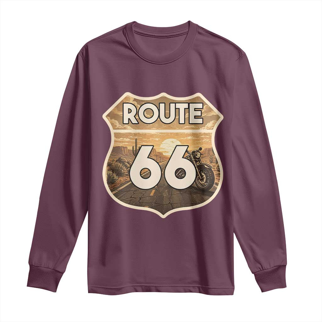 Vintage Motorcycle Road Trip Route Highway 66 Long Sleeve Shirt Open Road Adventure TS12 Maroon Print Your Wear