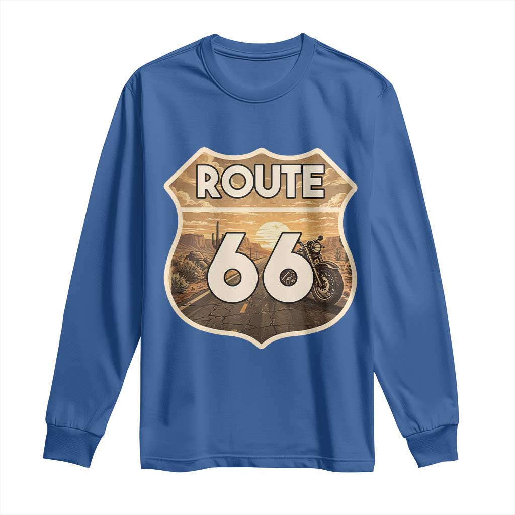 Vintage Motorcycle Road Trip Route Highway 66 Long Sleeve Shirt Open Road Adventure TS12 Royal Blue Print Your Wear