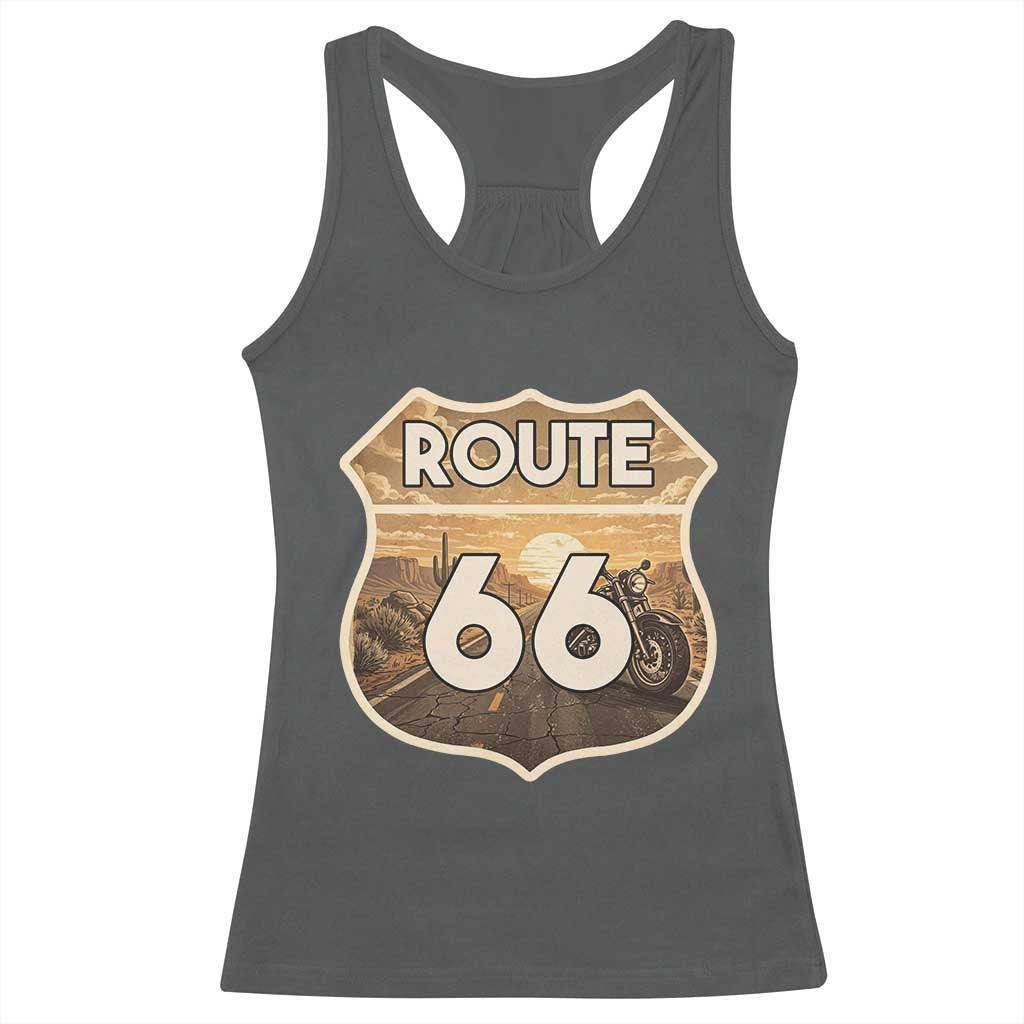 Vintage Motorcycle Road Trip Route Highway 66 Racerback Tank Top Open Road Adventure TS12 Dark Heather Print Your Wear