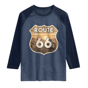 Vintage Motorcycle Road Trip Route Highway 66 Raglan Shirt Open Road Adventure TS12 Heather Denim Navy Print Your Wear