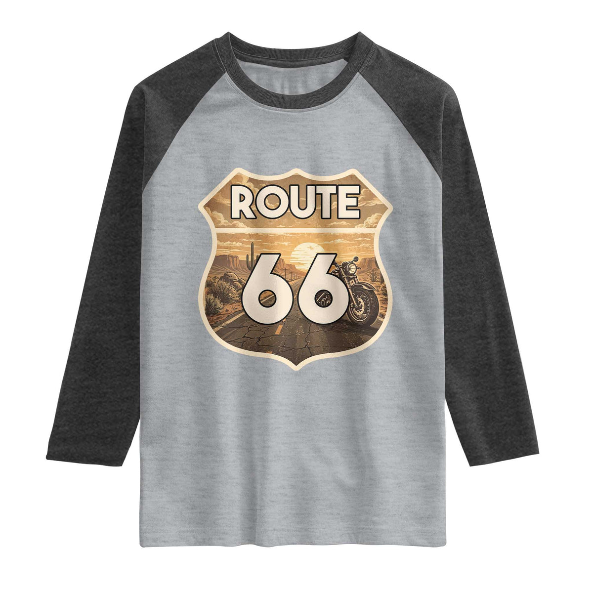 Vintage Motorcycle Road Trip Route Highway 66 Raglan Shirt Open Road Adventure TS12 Heather Gray Heather Charcoal Print Your Wear