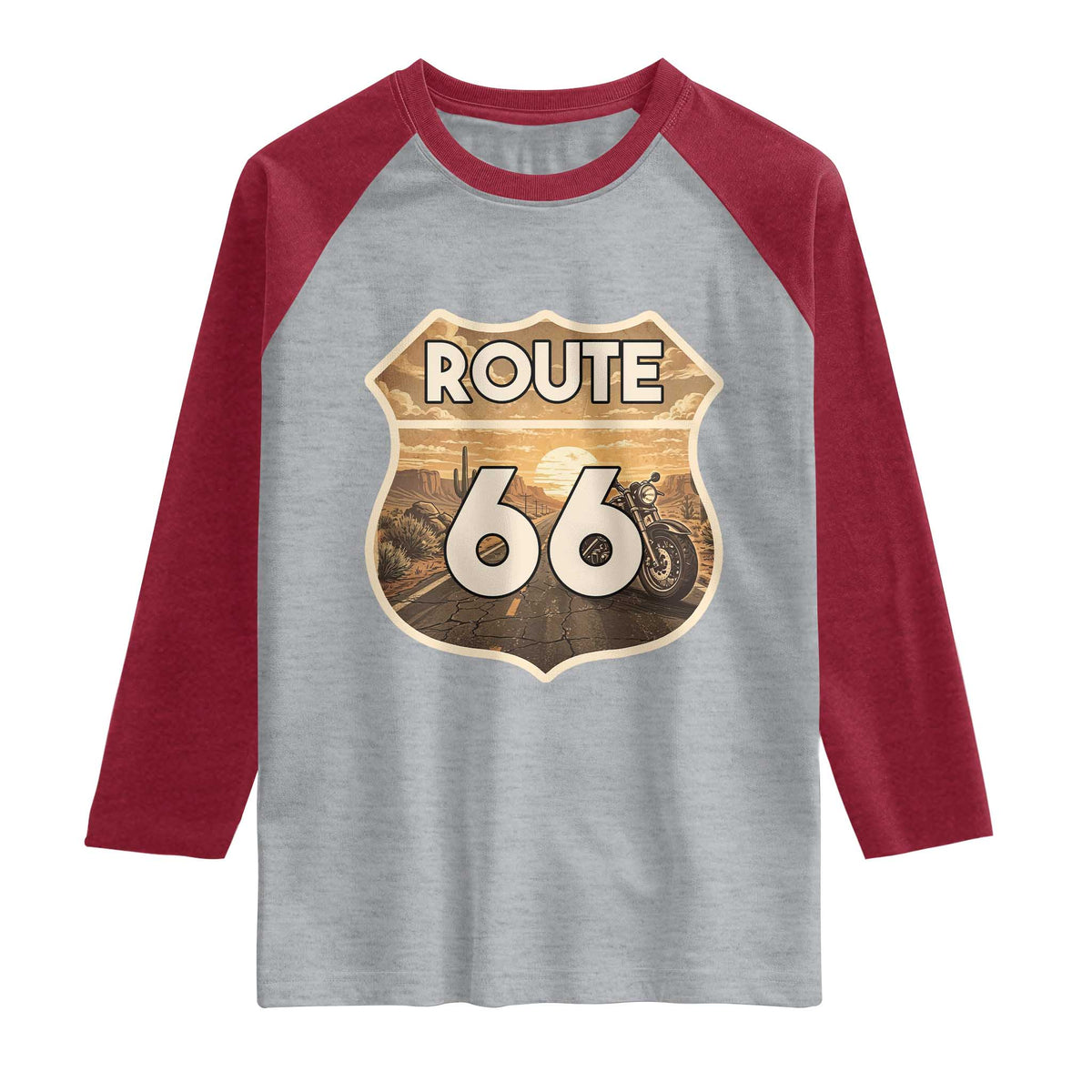 Vintage Motorcycle Road Trip Route Highway 66 Raglan Shirt Open Road Adventure TS12 Heather Gray Heather Red Print Your Wear