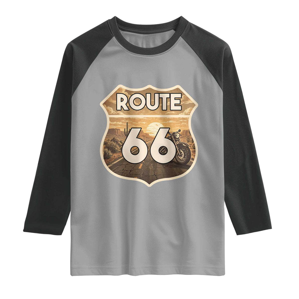 Vintage Motorcycle Road Trip Route Highway 66 Raglan Shirt Open Road Adventure TS12 Sport Gray Black Print Your Wear