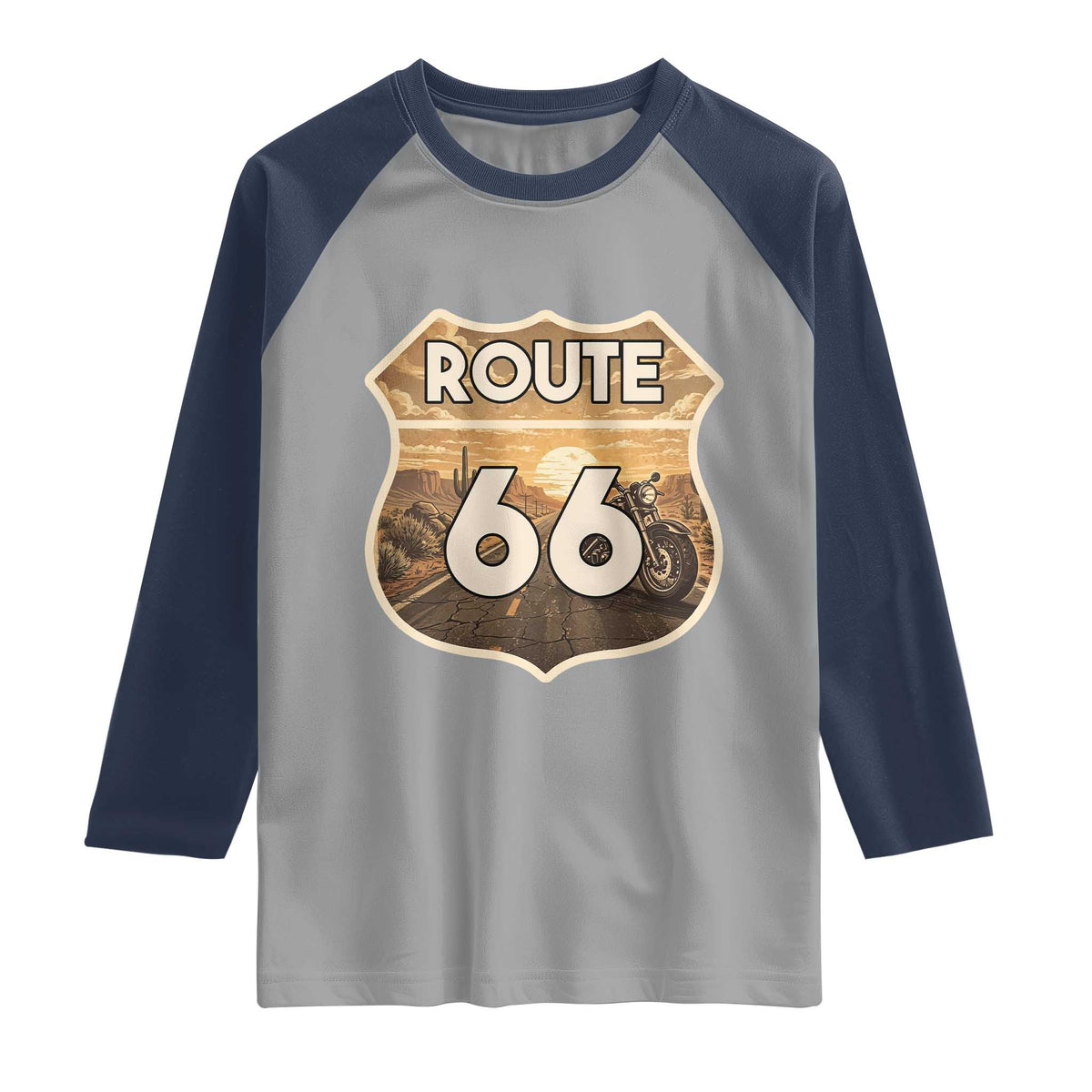 Vintage Motorcycle Road Trip Route Highway 66 Raglan Shirt Open Road Adventure TS12 Sport Gray Navy Print Your Wear