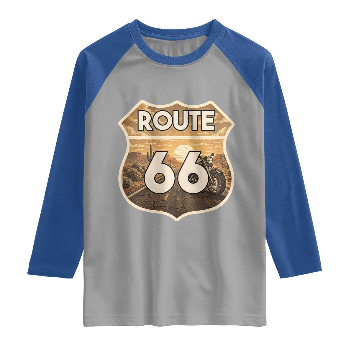 Vintage Motorcycle Road Trip Route Highway 66 Raglan Shirt Open Road Adventure TS12 Sport Gray Royal Print Your Wear