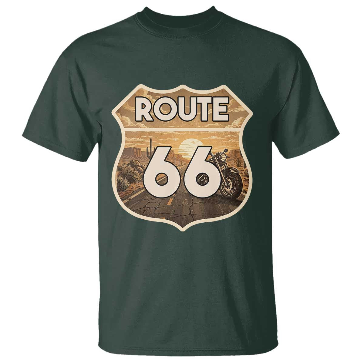Vintage Motorcycle Road Trip Route Highway 66 T Shirt Open Road Adventure TS12 Dark Forest Green Print Your Wear