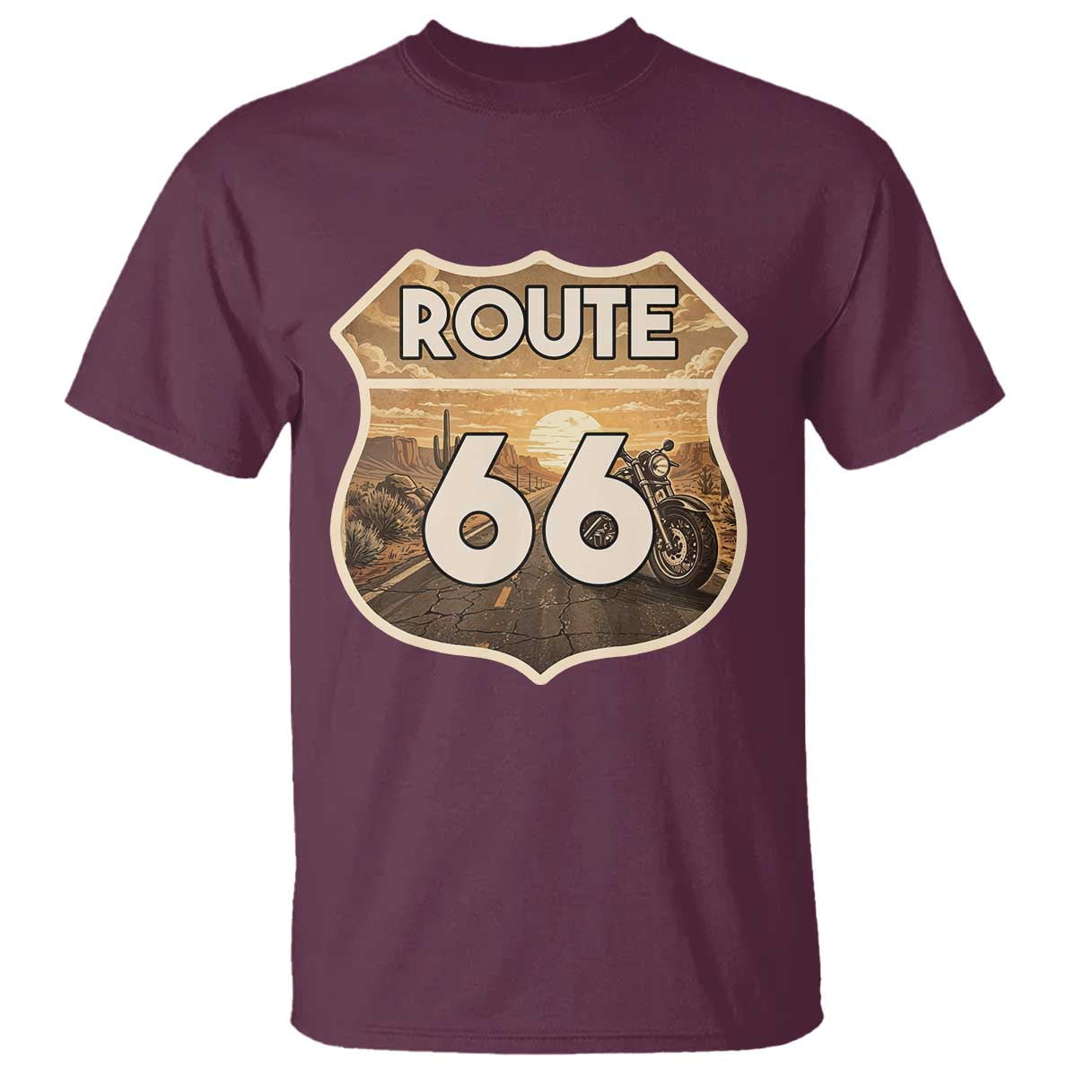 Vintage Motorcycle Road Trip Route Highway 66 T Shirt Open Road Adventure TS12 Maroon Print Your Wear