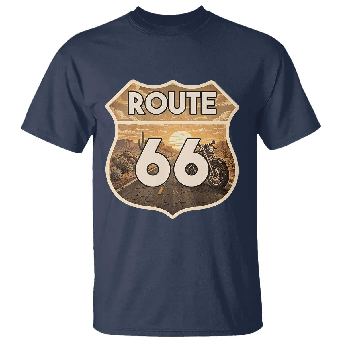 Vintage Motorcycle Road Trip Route Highway 66 T Shirt Open Road Adventure TS12 Navy Print Your Wear