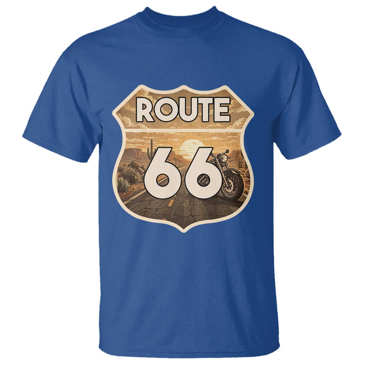 Vintage Motorcycle Road Trip Route Highway 66 T Shirt Open Road Adventure TS12 Royal Blue Print Your Wear