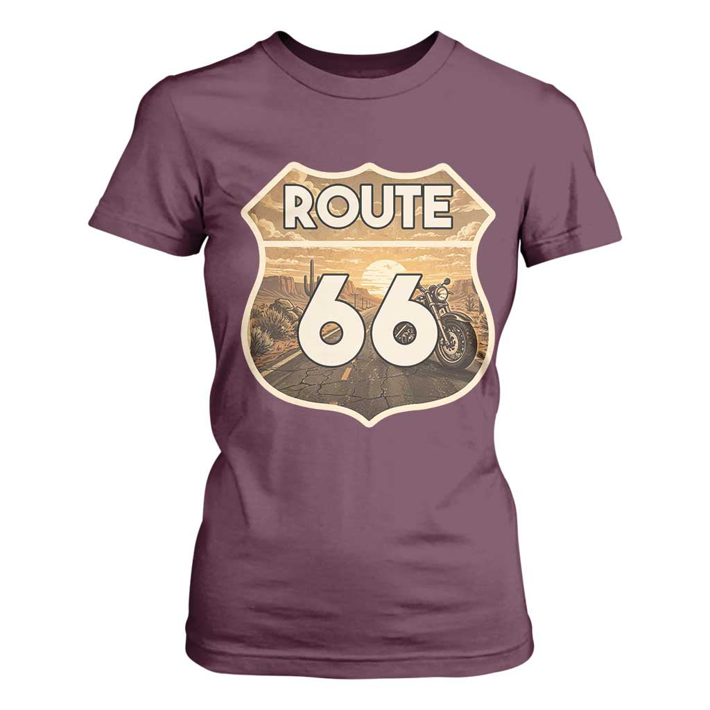 Vintage Motorcycle Road Trip Route Highway 66 T Shirt For Women Open Road Adventure TS12 Maroon Print Your Wear