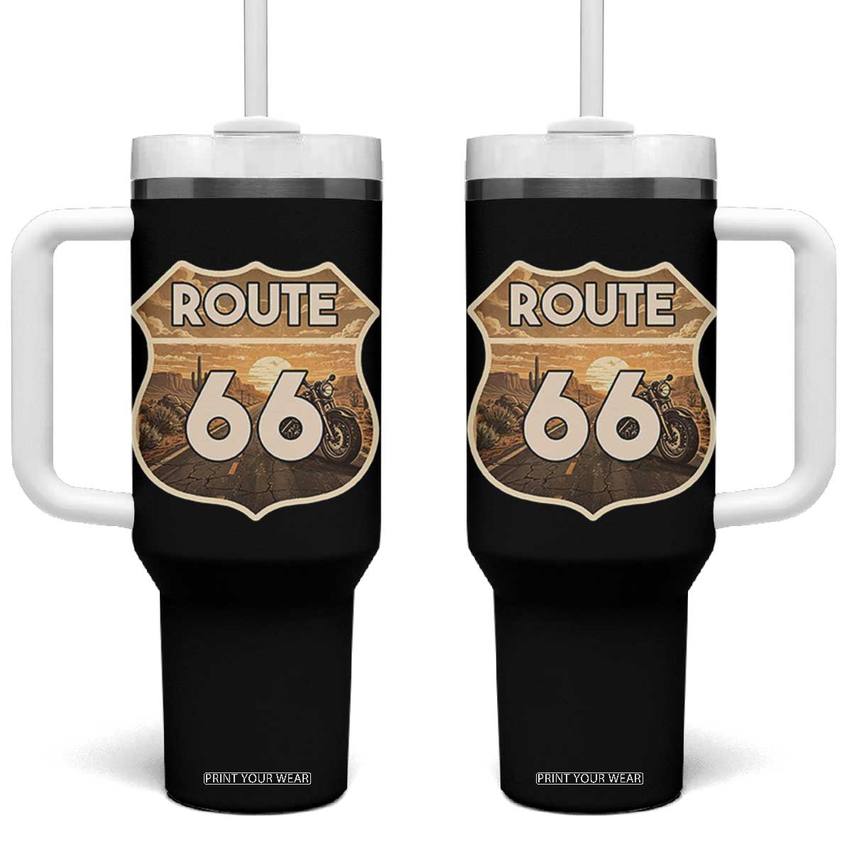Vintage Motorcycle Road Trip Route Highway 66 Tumbler With Handle Open Road Adventure TS12 One Size: 40 oz Black Print Your Wear