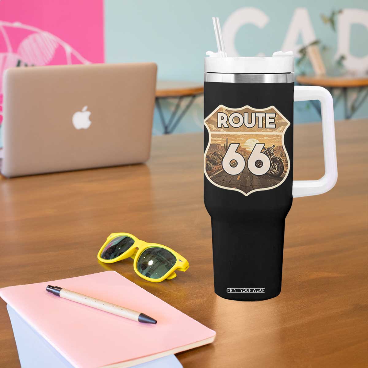 Vintage Motorcycle Road Trip Route Highway 66 Tumbler With Handle Open Road Adventure TS12 Print Your Wear