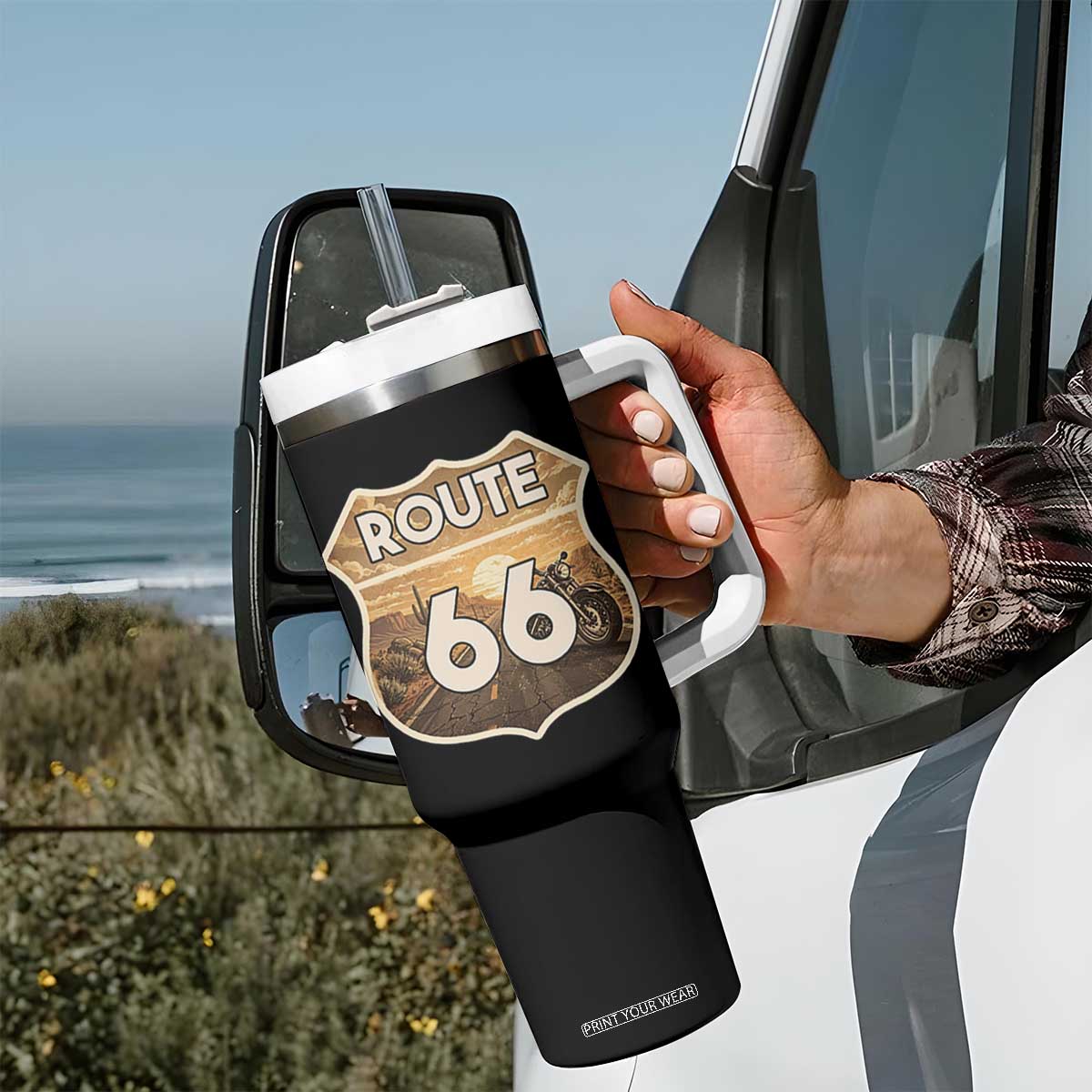 Vintage Motorcycle Road Trip Route Highway 66 Tumbler With Handle Open Road Adventure TS12 Print Your Wear