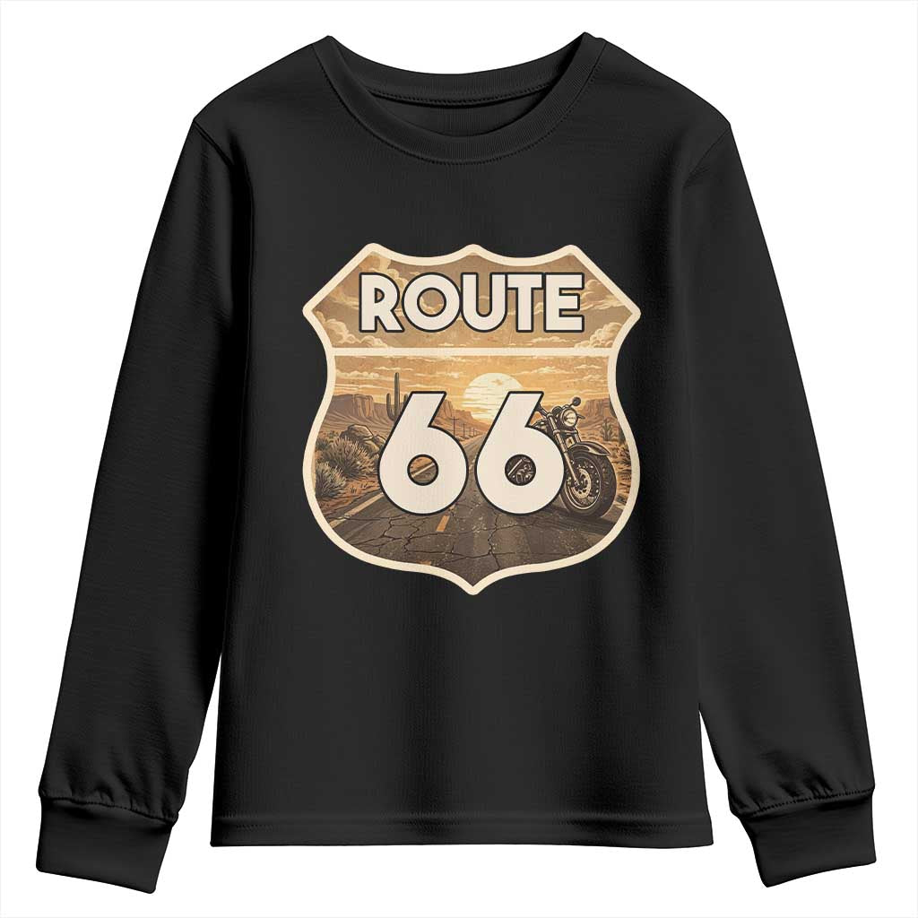 Vintage Motorcycle Road Trip Route Highway 66 Youth Sweatshirt Open Road Adventure TS12 Black Print Your Wear