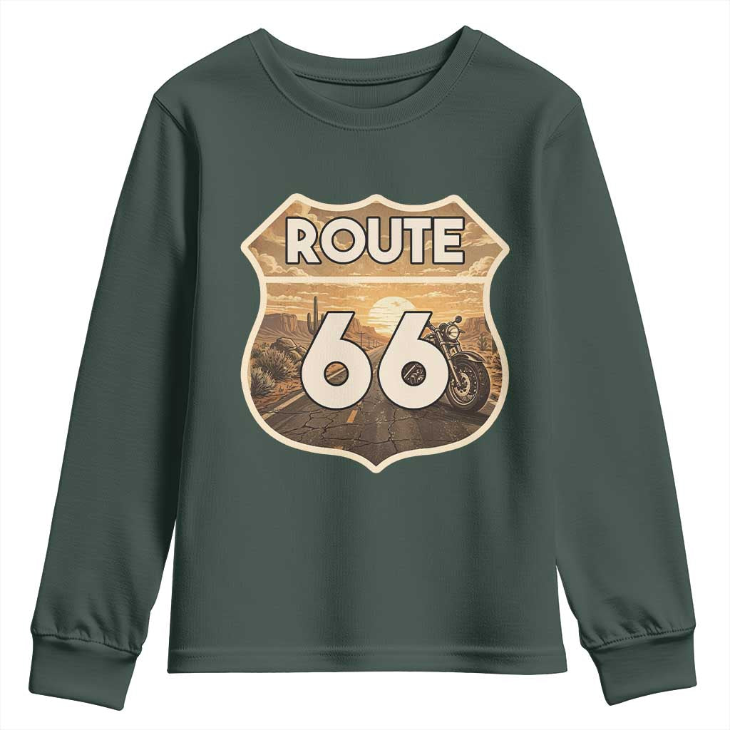 Vintage Motorcycle Road Trip Route Highway 66 Youth Sweatshirt Open Road Adventure TS12 Dark Forest Green Print Your Wear