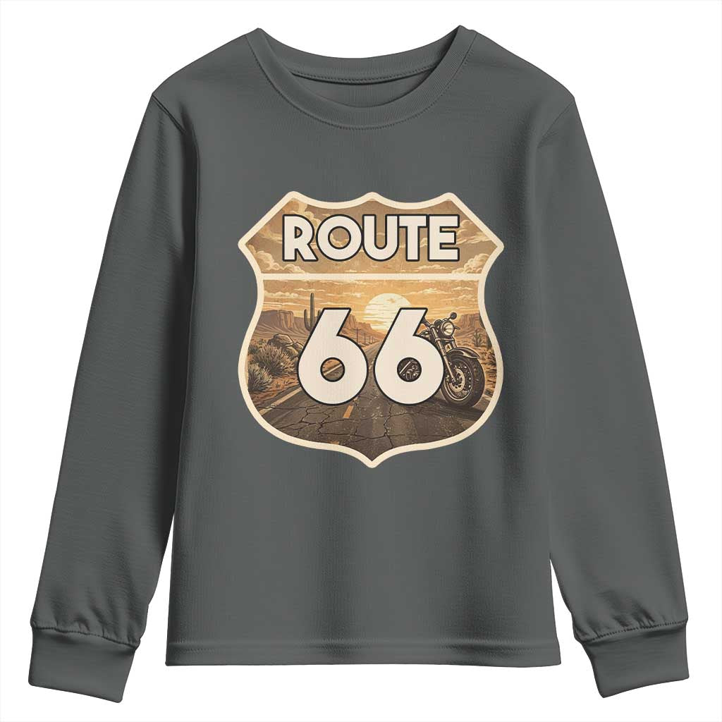 Vintage Motorcycle Road Trip Route Highway 66 Youth Sweatshirt Open Road Adventure TS12 Dark Heather Print Your Wear
