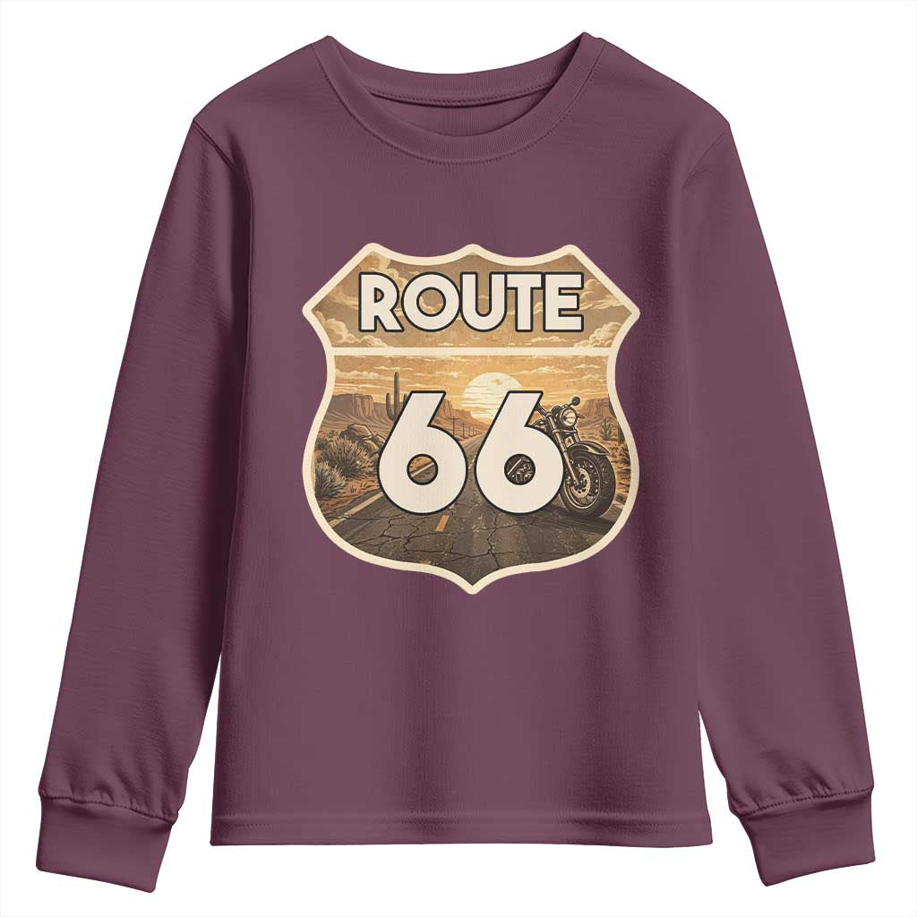 Vintage Motorcycle Road Trip Route Highway 66 Youth Sweatshirt Open Road Adventure TS12 Maroon Print Your Wear