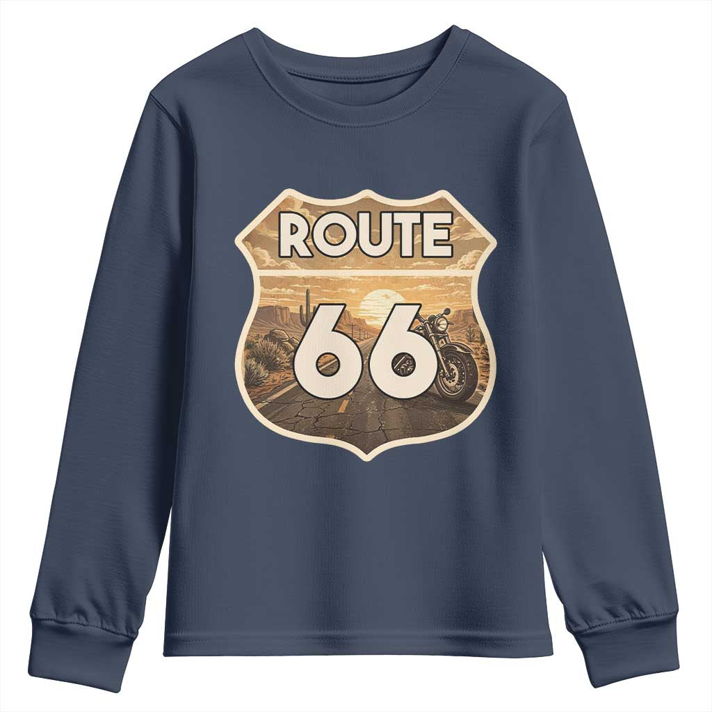 Vintage Motorcycle Road Trip Route Highway 66 Youth Sweatshirt Open Road Adventure TS12 Navy Print Your Wear