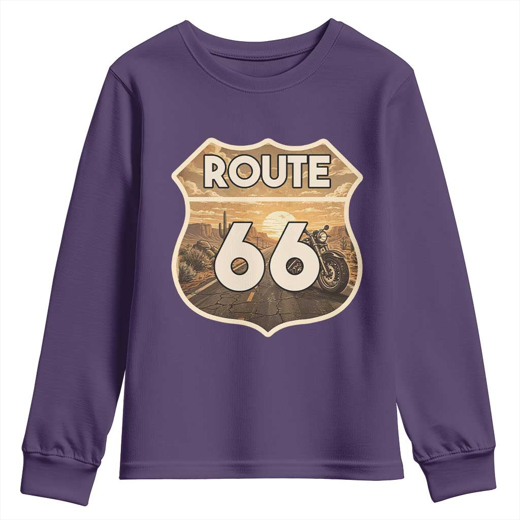 Vintage Motorcycle Road Trip Route Highway 66 Youth Sweatshirt Open Road Adventure TS12 Purple Print Your Wear