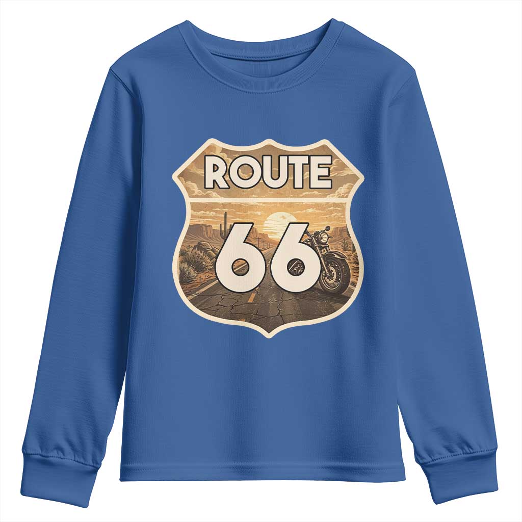 Vintage Motorcycle Road Trip Route Highway 66 Youth Sweatshirt Open Road Adventure TS12 Royal Blue Print Your Wear