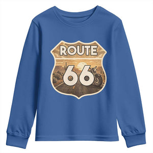 Vintage Motorcycle Road Trip Route Highway 66 Youth Sweatshirt Open Road Adventure TS12 Royal Blue Print Your Wear