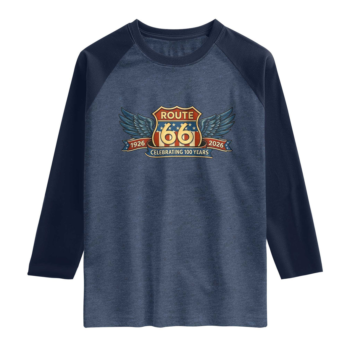 Route Highway 66 Centennial Raglan Shirt 100 Years Of The Mother Road TS12 Heather Denim Navy Print Your Wear