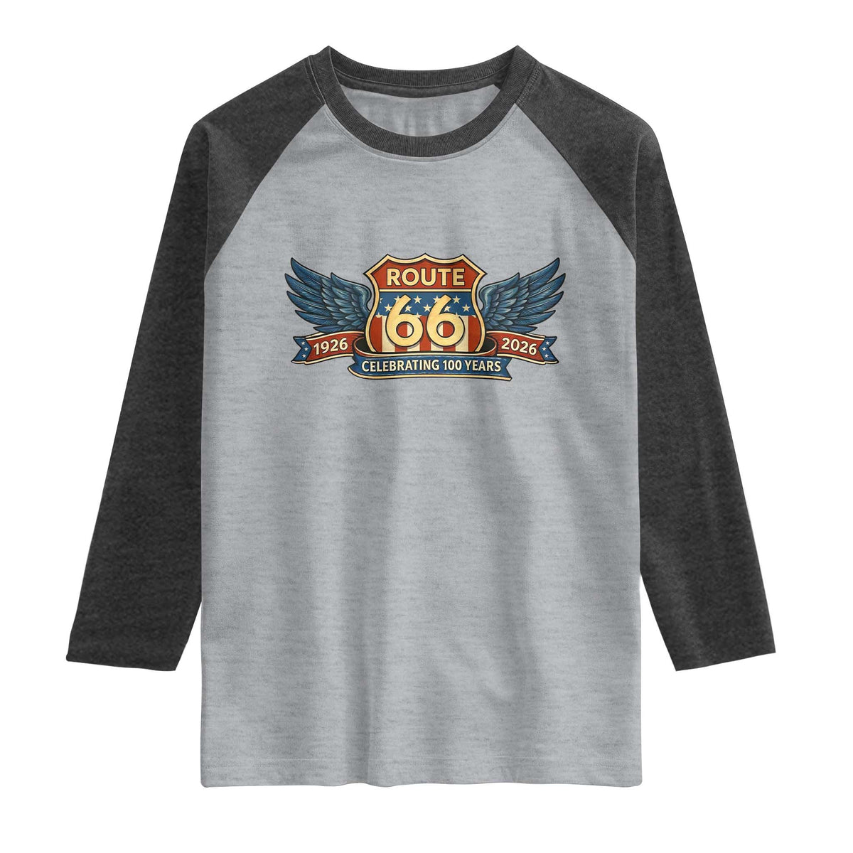 Route Highway 66 Centennial Raglan Shirt 100 Years Of The Mother Road TS12 Heather Gray Heather Charcoal Print Your Wear