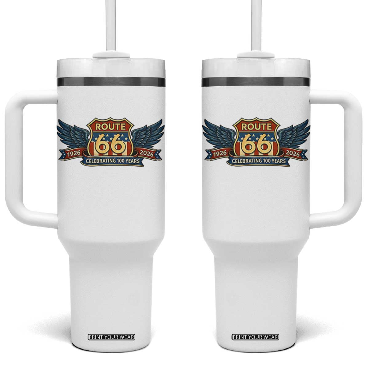 Route Highway 66 Centennial Tumbler With Handle 100 Years Of The Mother Road TS12 One Size: 40 oz White Print Your Wear