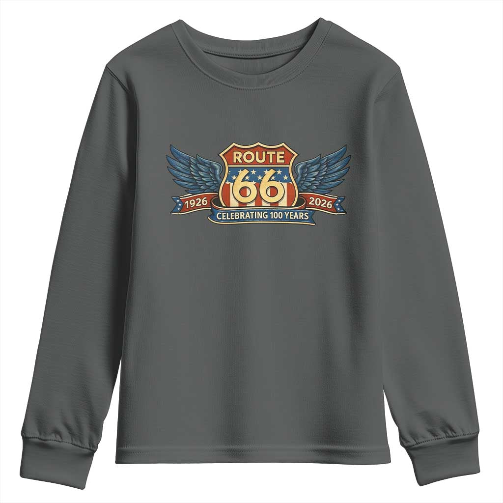 Route Highway 66 Centennial Youth Sweatshirt 100 Years Of The Mother Road TS12 Dark Heather Print Your Wear
