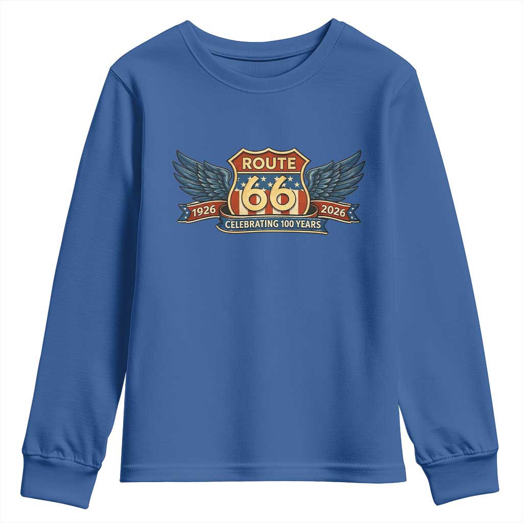 Route Highway 66 Centennial Youth Sweatshirt 100 Years Of The Mother Road TS12 Royal Blue Print Your Wear