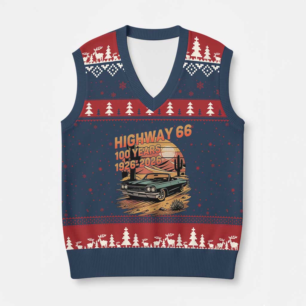 Route Highway 66 Centennial V-Neck Knit Sweater Vest 100 Year Road Trip Adventure TS12 Navy Red Print Your Wear