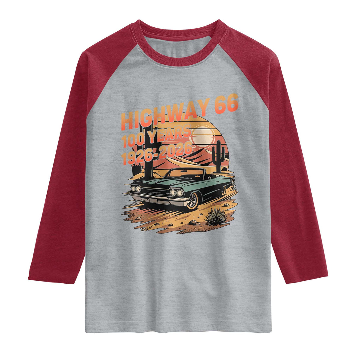 Route Highway 66 Centennial Raglan Shirt 100 Year Road Trip Adventure TS12 Heather Gray Heather Red Print Your Wear