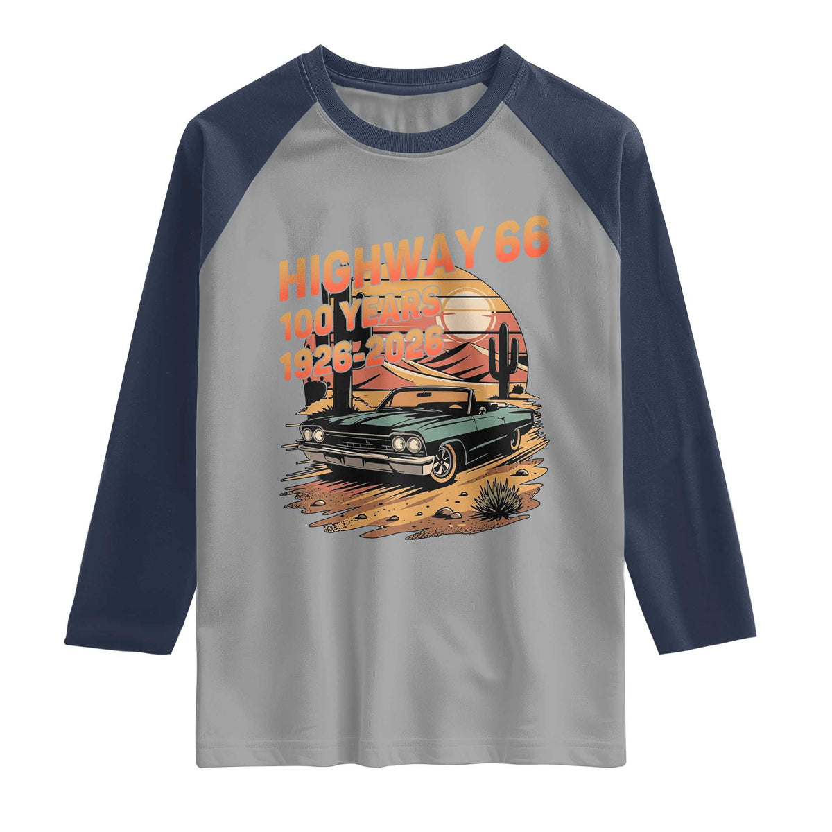 Route Highway 66 Centennial Raglan Shirt 100 Year Road Trip Adventure TS12 Sport Gray Navy Print Your Wear