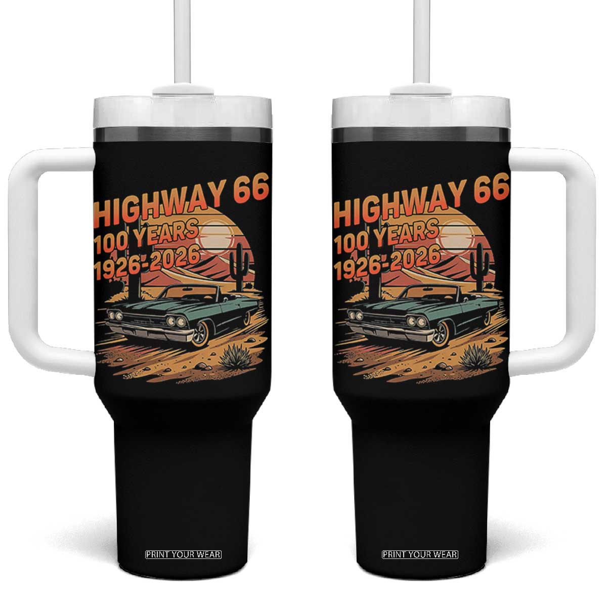 Route Highway 66 Centennial Tumbler With Handle 100 Year Road Trip Adventure TS12 One Size: 40 oz Black Print Your Wear