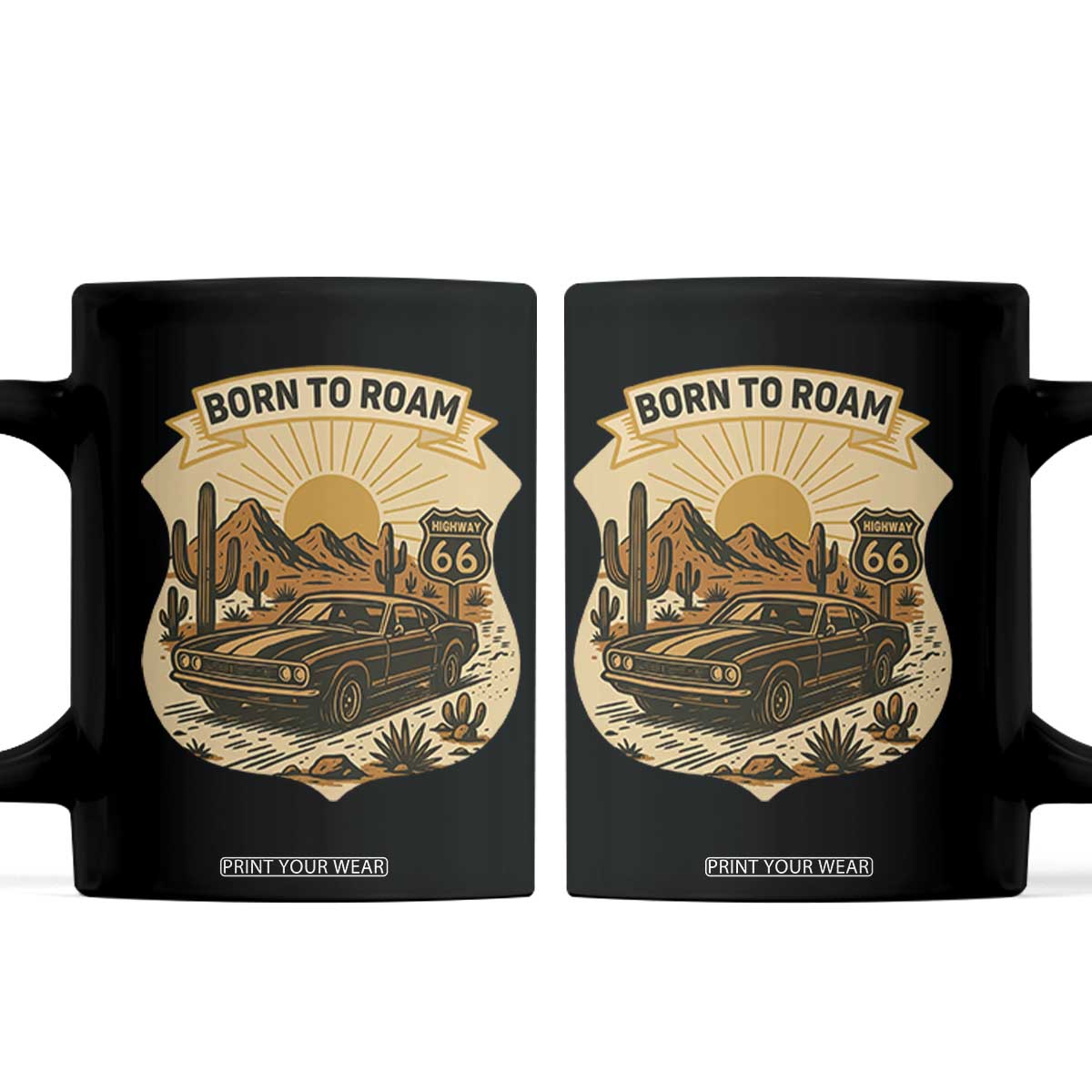 Vintage Muscle Car Route Highway 66 Coffee Mug Born To Roam Road Trip TS12 Black Print Your Wear