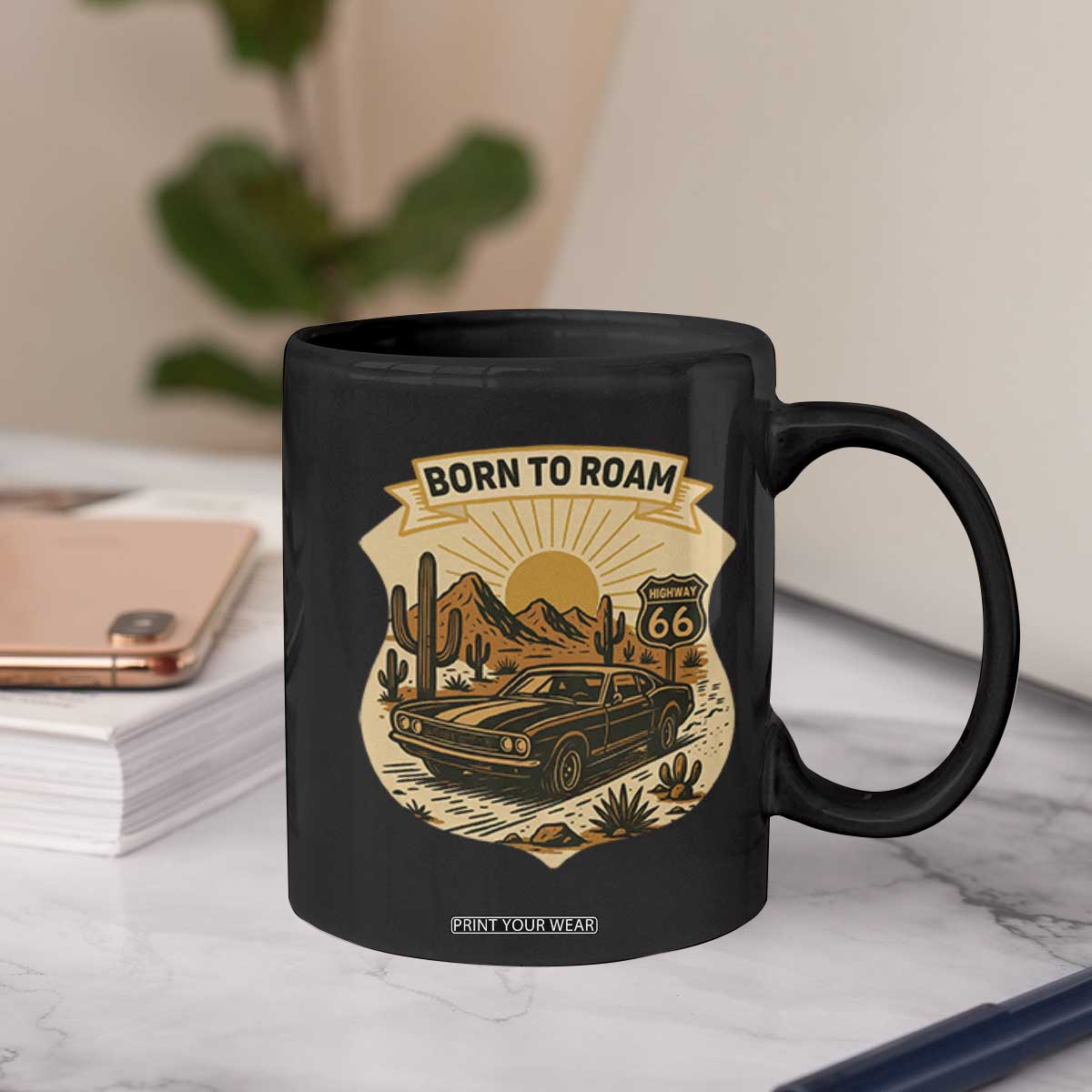 Vintage Muscle Car Route Highway 66 Coffee Mug Born To Roam Road Trip TS12 Print Your Wear