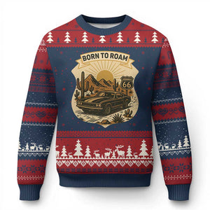 Vintage Muscle Car Route Highway 66 Ugly Christmas Sweater Born To Roam Road Trip TS12 Navy Red Print Your Wear