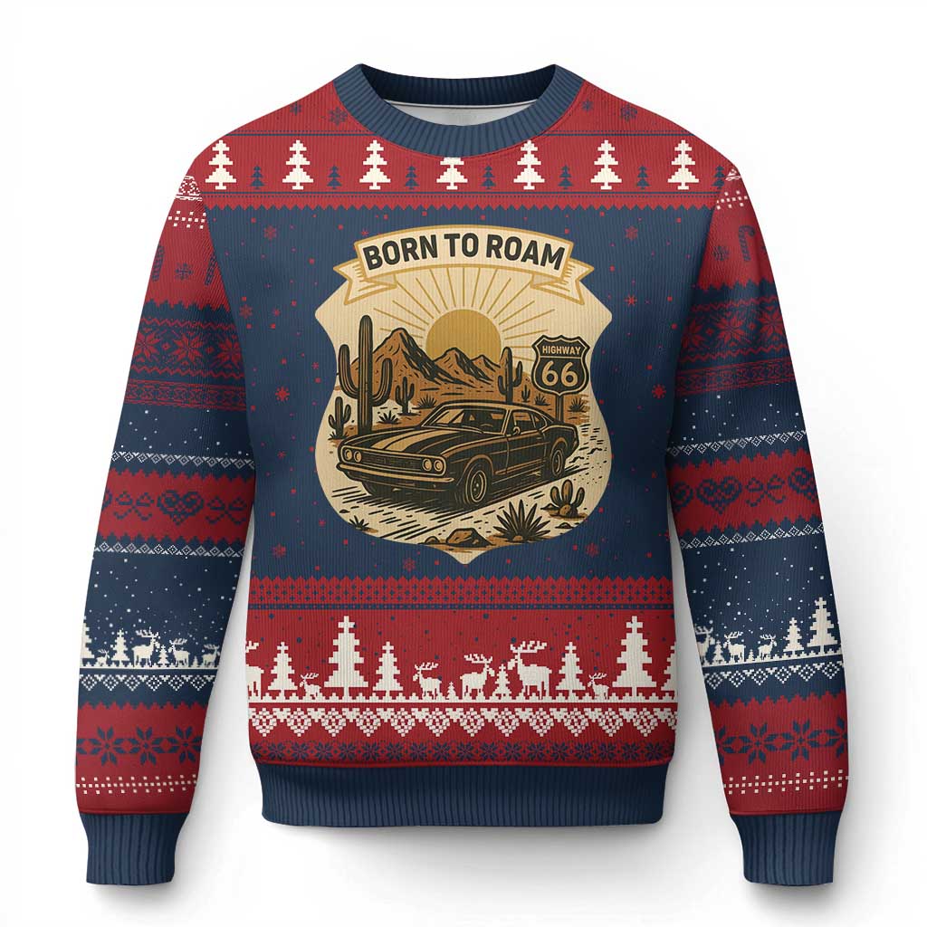 Vintage Muscle Car Route Highway 66 Ugly Christmas Sweater Born To Roam Road Trip TS12 Navy Red Print Your Wear