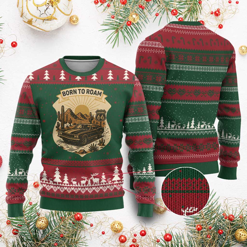 Vintage Muscle Car Route Highway 66 Ugly Christmas Sweater Born To Roam Road Trip TS12 Red Green Print Your Wear